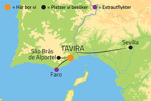 Geografisk karta ver Tavira p Algarvekusten.